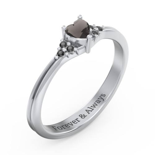 Narrow Heart Ring with Shoulder Accents – Sterling Silver with Smokey Quartz and Black Premium Zirconia