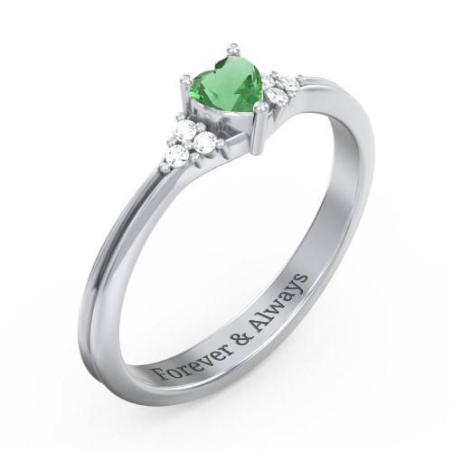 Narrow Heart Ring with Shoulder Accents – Sterling Silver with Emerald and White Premium Zirconia