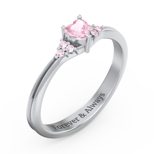 Narrow Heart Ring with Shoulder Accents – Sterling Silver with Pink Tourmaline and Fancy Pink Premium Zirconia