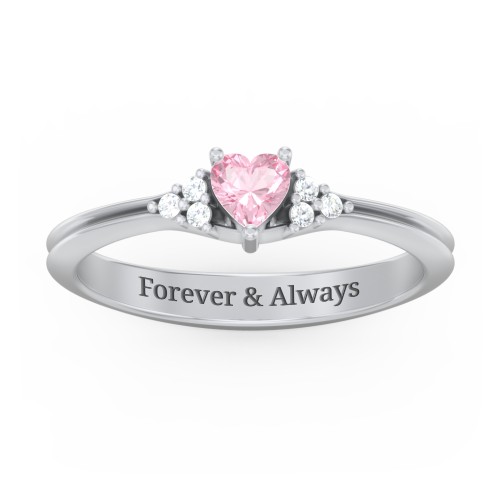 Narrow Heart Ring with Shoulder Accents – Sterling Silver with Pink Tourmaline and White Premium Zirconia