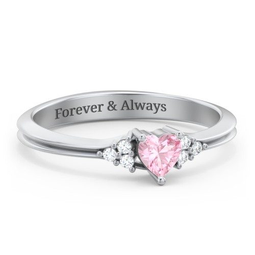 Narrow Heart Ring with Shoulder Accents – Sterling Silver with Pink Tourmaline and White Premium Zirconia