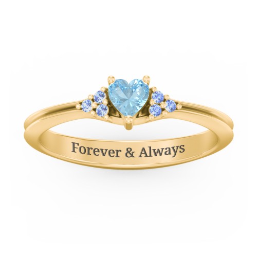 Narrow Heart Ring with Shoulder Accents – 10K Yellow Gold with Blue Topaz and Fancy Blue Premium Zirconia
