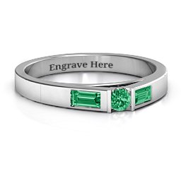 Solitaire Bridge Ring with Baguette Accents in 925 Sterling Silver with Emerald