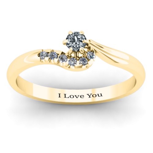 Solitaire Wave Ring with Stone Accents – 14K Yellow Gold with Cubic Zirconia