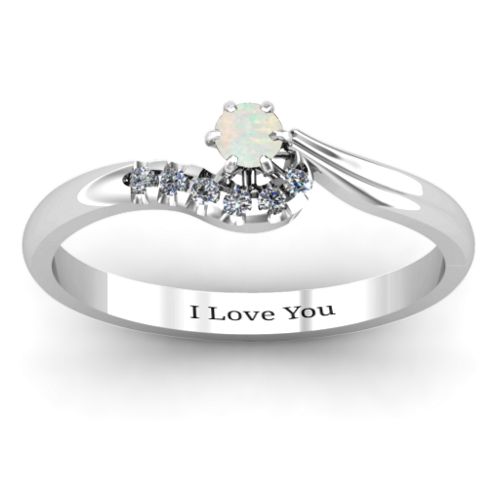 Solitaire Wave Ring with Stone Accents – Sterling Silver with Opal and Cubic Zirconia