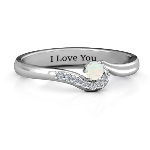 Solitaire Wave Ring with Stone Accents – Sterling Silver with Opal and Cubic Zirconia