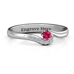 Solitaire Wave Ring with Stone Accents in 925 Sterling Silver with Ruby and Cubic Zirconia