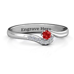 Solitaire Wave Ring with Stone Accents in 925 Sterling Silver with Garnet and Cubic Zirconia
