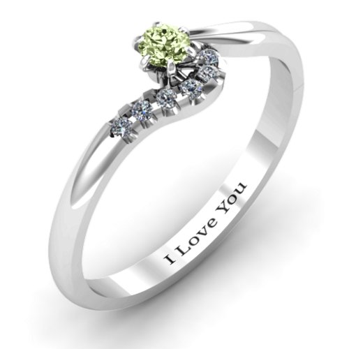 Solitaire Wave Ring with Stone Accents – Sterling Silver with Peridot and Cubic Zirconia