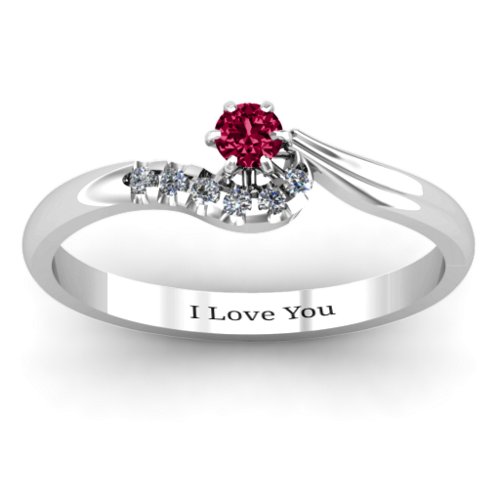 Solitaire Wave Ring with Stone Accents – Sterling Silver with Ruby and Cubic Zirconia