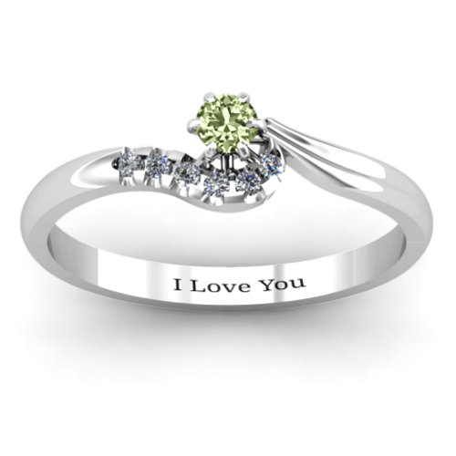 Solitaire Wave Ring with Stone Accents – Sterling Silver with Peridot and Cubic Zirconia