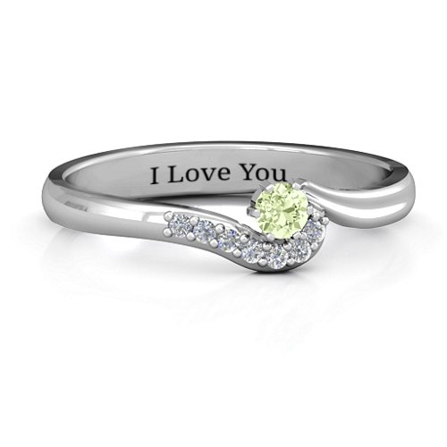 Solitaire Wave Ring with Stone Accents – Sterling Silver with Peridot and Cubic Zirconia
