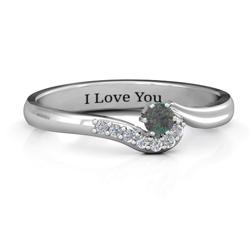 Solitaire Wave Ring with Stone Accents – Sterling Silver with Alexandrite and Cubic Zirconia
