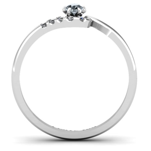 Solitaire Wave Ring with Stone Accents – 10K White Gold with Cubic Zirconia