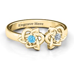 Double Celtic Gemstone Ring in 14K Solid Yellow Gold with Blue Topaz and Cubic Zirconia