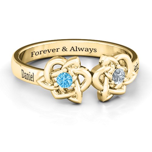 Double Celtic Gemstone Ring – 14K Yellow Gold with Blue Topaz and Cubic Zirconia