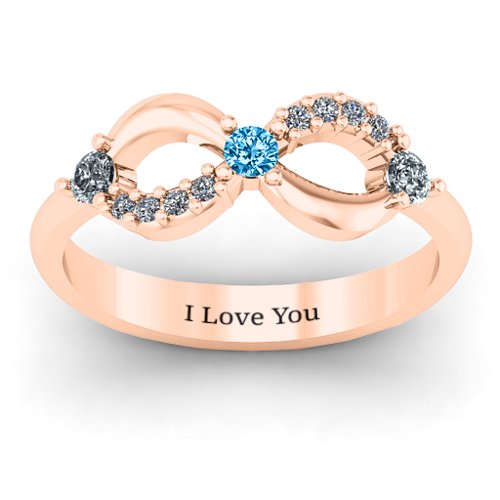 Three Stone Infinity Ring with Accents – 10K Rose Gold with Cubic Zirconia and Blue Topaz