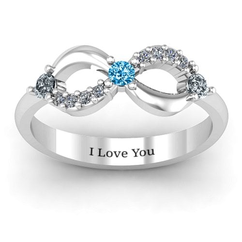 Three Stone Infinity Ring with Accents – 10K White Gold with Cubic Zirconia and Blue Topaz