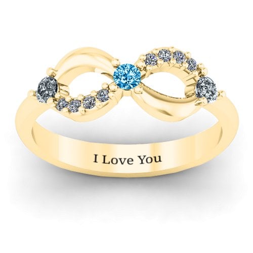 Three Stone Infinity Ring with Accents – 10K Yellow Gold with Cubic Zirconia and Blue Topaz