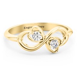 Pair of Hearts Infinity Ring with Gemstones in 10K Solid Yellow Gold with Cubic Zirconia