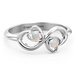 Pair of Hearts Infinity Ring with Gemstones in 925 Sterling Silver with Opal