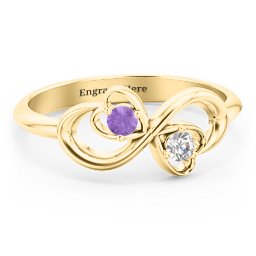 Pair of Hearts Infinity Ring with Gemstones in 14K Solid Yellow Gold with Amethyst and Cubic Zirconia