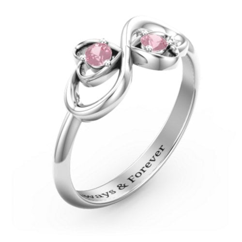 Pair of Hearts Infinity Ring with Gemstones – Sterling Silver with Pink Tourmaline