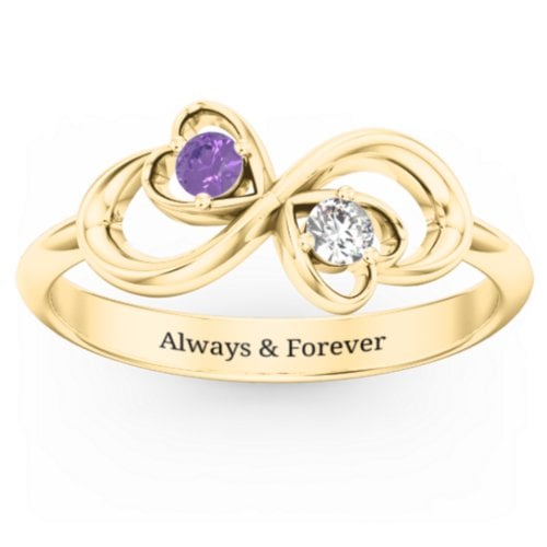 Pair of Hearts Infinity Ring with Gemstones – 10K Yellow Gold with Amethyst and Cubic Zirconia