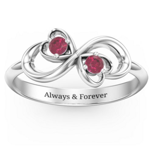 Pair of Hearts Infinity Ring with Gemstones – Sterling Silver with Ruby