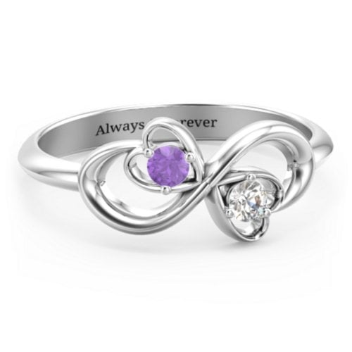 Pair of Hearts Infinity Ring with Gemstones – 10K White Gold with Amethyst and Cubic Zirconia