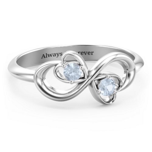 Pair of Hearts Infinity Ring with Gemstones – Sterling Silver with Aquamarine