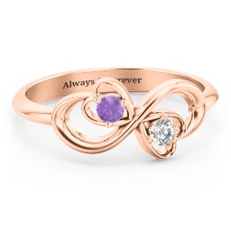 Pair of Hearts Infinity Ring with Gemstones in 10K Solid Rose Gold with Amethyst and Cubic Zirconia