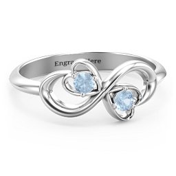 Pair of Hearts Infinity Ring with Gemstones in 925 Sterling Silver with Blue Topaz