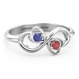 Pair of Hearts Infinity Ring with Gemstones in 925 Sterling Silver with Blue Sapphire and Garnet