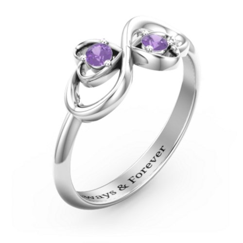 Pair of Hearts Infinity Ring with Gemstones – Sterling Silver with Amethyst