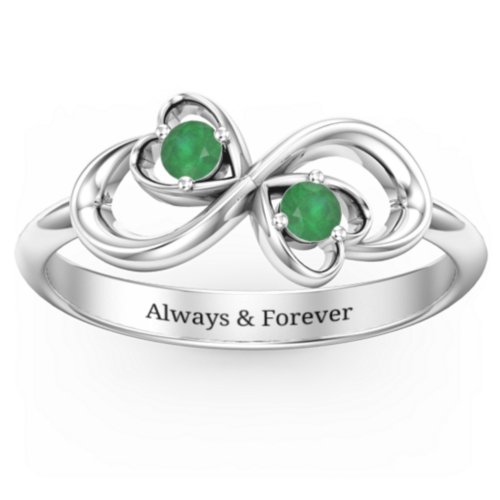 Pair of Hearts Infinity Ring with Gemstones – Sterling Silver with Emerald