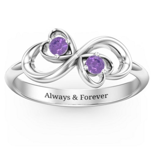 Pair of Hearts Infinity Ring with Gemstones – Sterling Silver with Amethyst