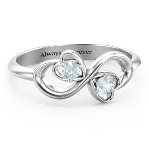 Pair of Hearts Infinity Ring with Gemstones – Sterling Silver with Aquamarine