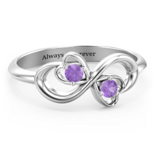 Pair of Hearts Infinity Ring with Gemstones – Sterling Silver with Amethyst