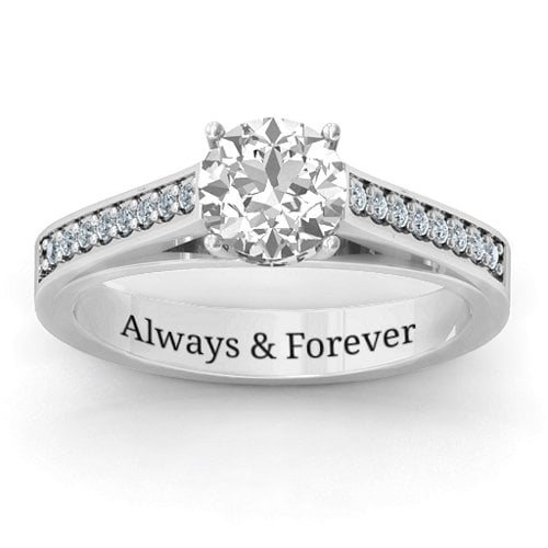 Large Round Solitaire Ring with Shoulder Accents – Sterling Silver with White Premium Zirconia and Diamond