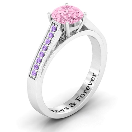 Large Round Solitaire Ring with Shoulder Accents – Sterling Silver with Fancy Pink Premium Zirconia and Amethyst Premium Zirconia