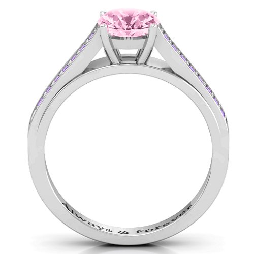 Large Round Solitaire Ring with Shoulder Accents – Sterling Silver with Fancy Pink Premium Zirconia and Amethyst Premium Zirconia