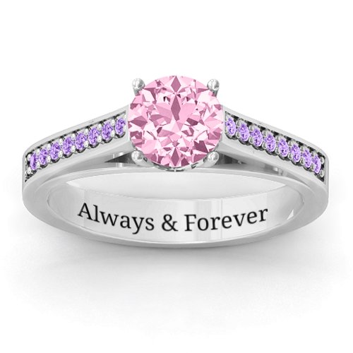 Large Round Solitaire Ring with Shoulder Accents – Sterling Silver with Fancy Pink Premium Zirconia and Amethyst Premium Zirconia