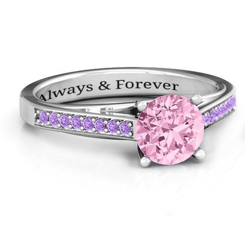 Large Round Solitaire Ring with Shoulder Accents – Sterling Silver with Fancy Pink Premium Zirconia and Amethyst Premium Zirconia
