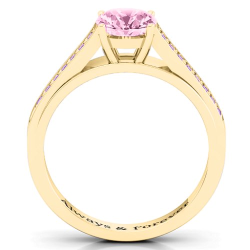 Large Round Solitaire Ring with Shoulder Accents – 10K Yellow Gold with Fancy Pink Premium Zirconia and Amethyst Premium Zirconia