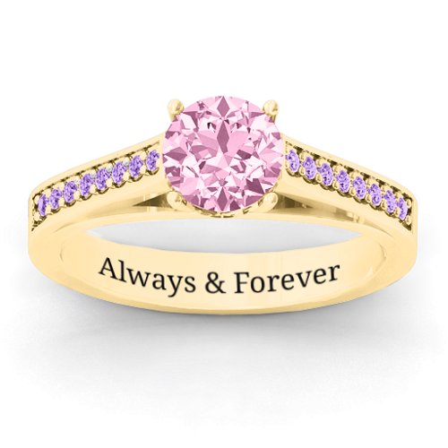 Large Round Solitaire Ring with Shoulder Accents – 10K Yellow Gold with Fancy Pink Premium Zirconia and Amethyst Premium Zirconia