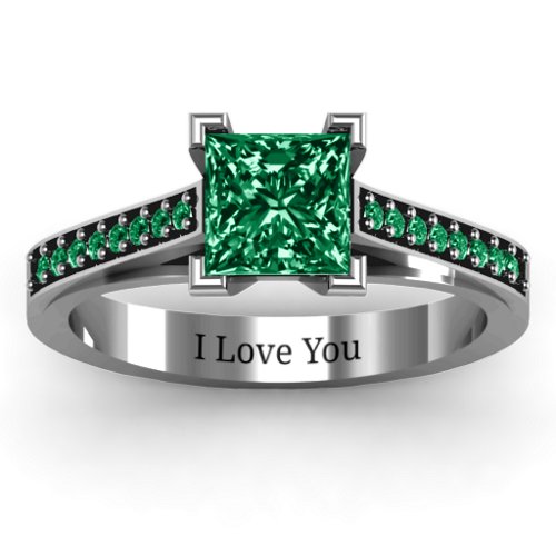 Princess Cut Ring with Shoulder Accents – Sterling Silver with Green Premium Zirconia