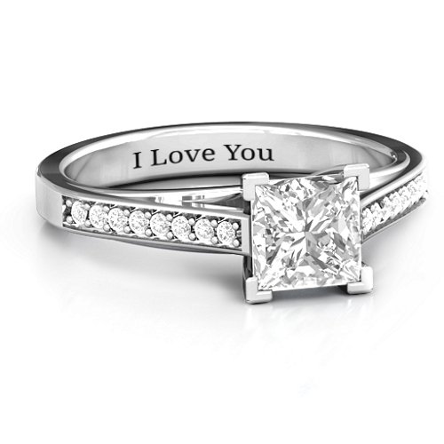 Princess Cut Ring with Shoulder Accents – Sterling Silver with White Premium Zirconia