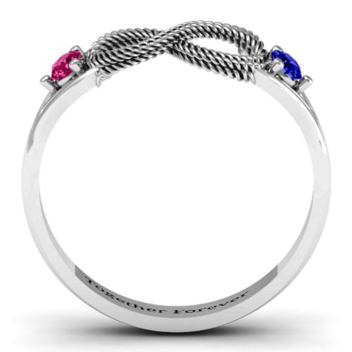 Braided Infinity Ring with Two Stones – 10K White Gold with Ruby and Blue Sapphire