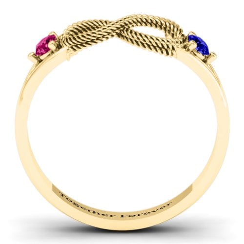 Braided Infinity Ring with Two Stones – 10K Yellow Gold with Ruby and Blue Sapphire